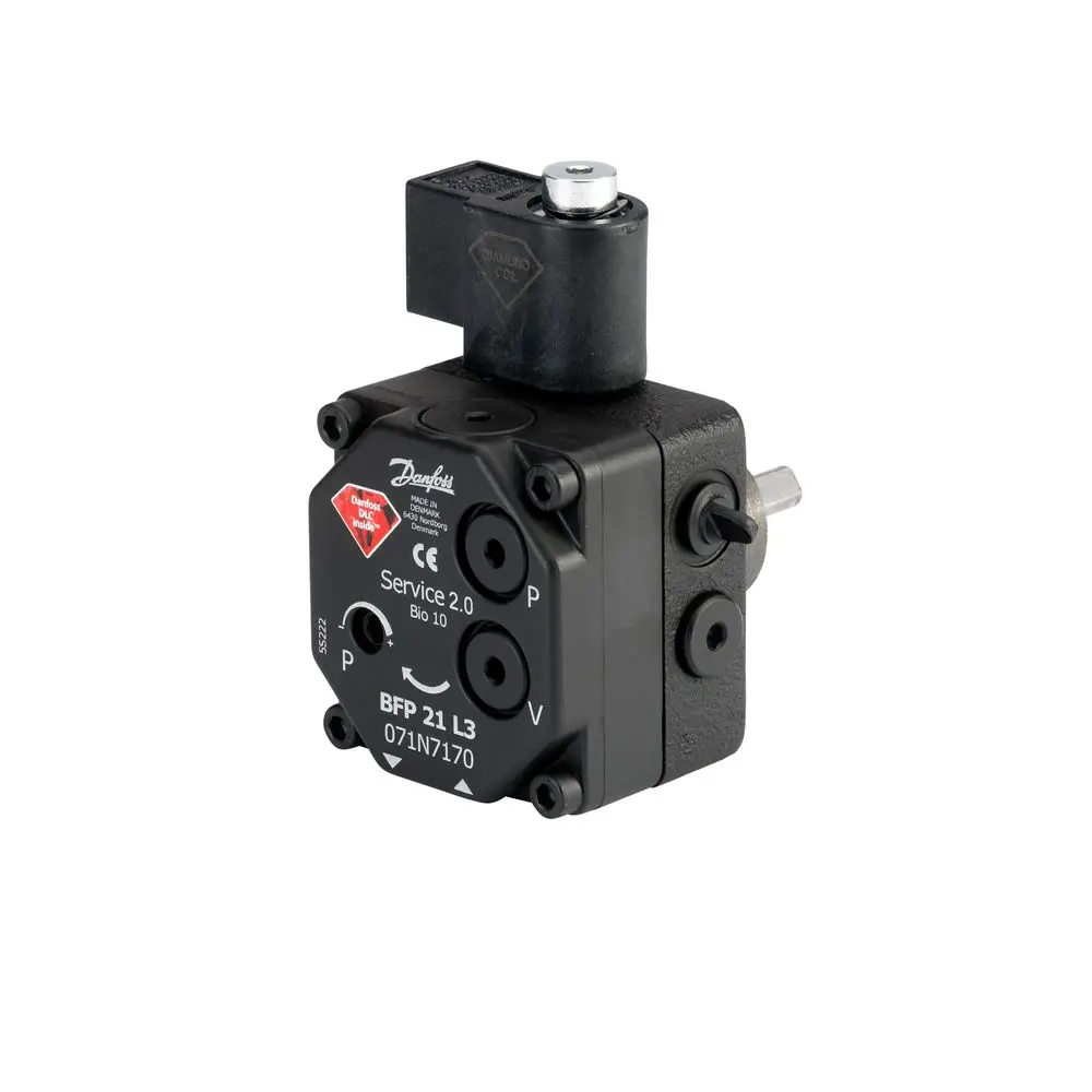 Ölpumpe der Marke Danfoss mit mehreren Anschlussöffnungen, einem Montagesockel und einem Antriebselement, geeignet für Ölfeuerungssysteme.